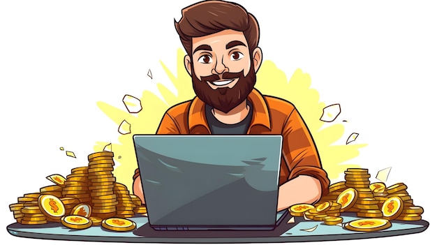 cartoon man working on laptop making money online