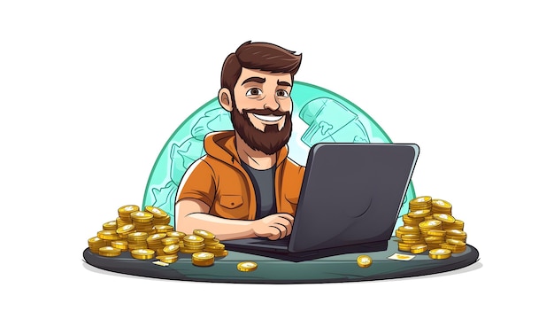 cartoon man working on laptop making money online