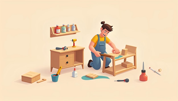 Photo a cartoon of a man working on a wooden chair