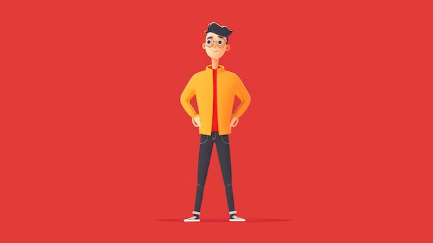 Photo cartoon man in a yellow jacket standing on a red background