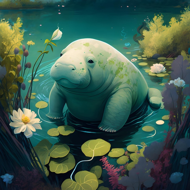 A cartoon of a manatee in a pond with water lilies and flowers.