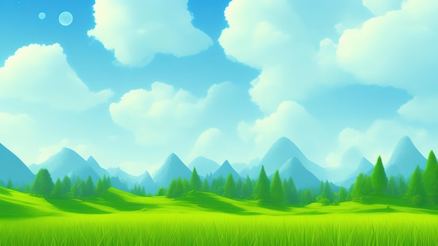 Cartoon meadow landscape Summer green fields view spring lawn hill and blue sky