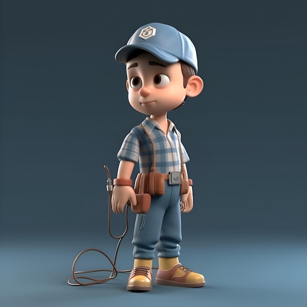 Cartoon mechanic with a drill on a blue background 3D illustration