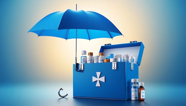 Cartoon medical kit and pills in the blue background 3d rendering 3d illustration