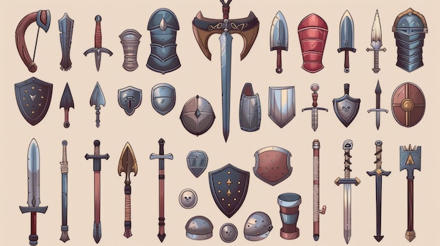 Photo cartoon medieval weapons and armor collection