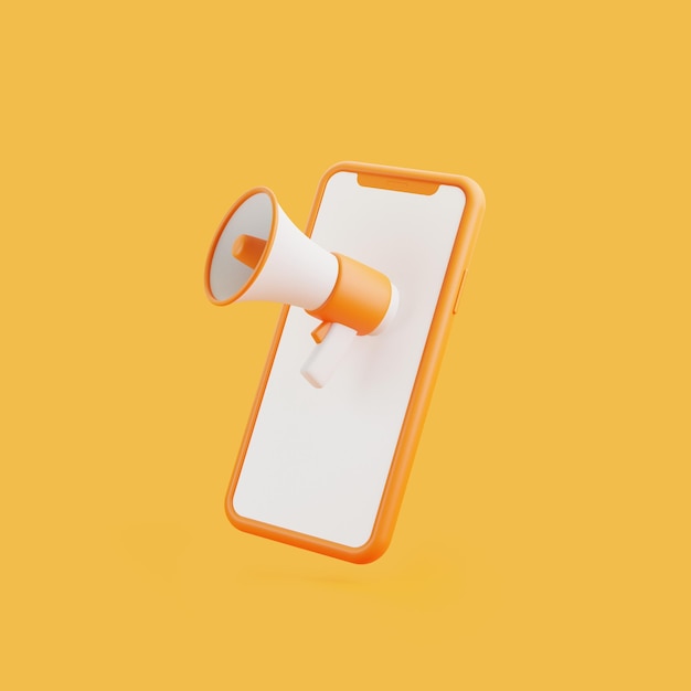 Cartoon megaphone with mobile phone on orange background Loudspeaker 3D render illustration