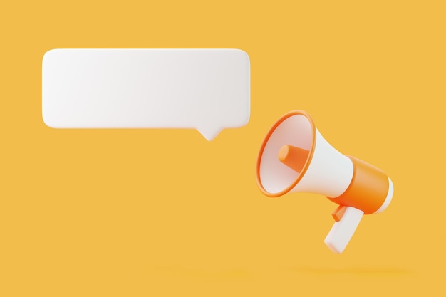 Cartoon megaphone with notification speech bubble on orange background Loudspeaker 3D render