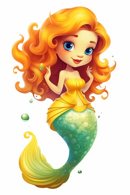 a cartoon mermaid with long red hair and a yellow dress generative ai