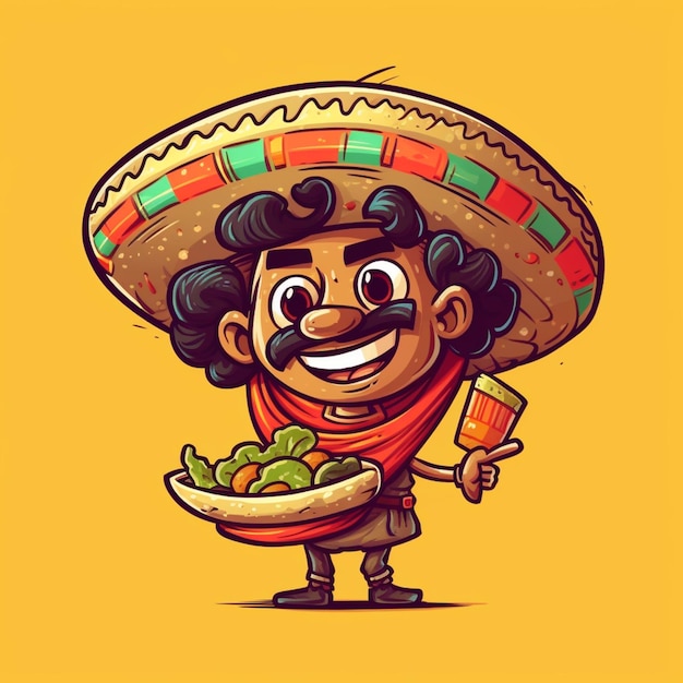 Photo cartoon mexican man with a sombren holding a plate of food generative ai