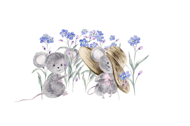 Cartoon mice watercolor illustration with forget me not ute move Element on white background