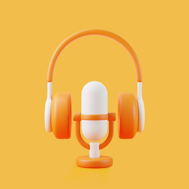 Cartoon microphone and headphones flying on orange background Minimal creative concept 3D render