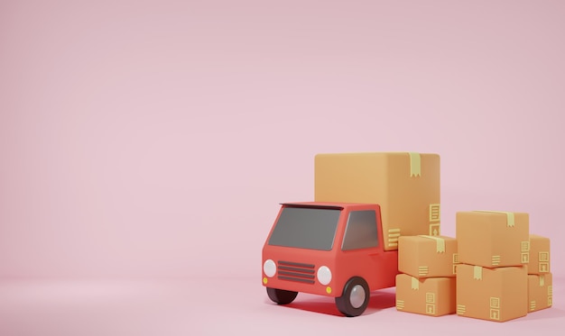 Cartoon minimal delivery truck and postal boxes Transportation shipment