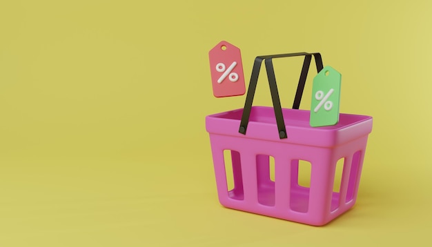 Cartoon minimal shopping basket with discount coupon retail store on e-commerce.