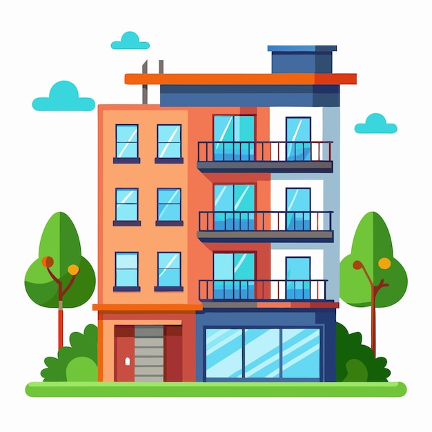 Cartoon Modern Apartment Building with Balcony