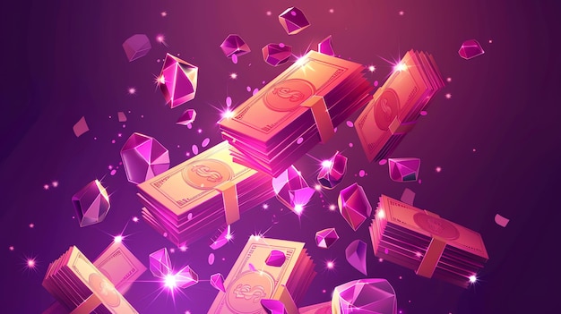 Cartoon money and gems falling against a purple background