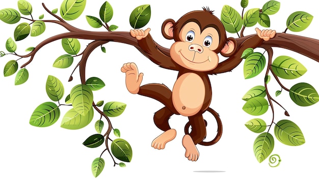 A cartoon monkey is hanging from a tree branch