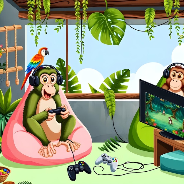 a cartoon of a monkey and a parrot playing a video game