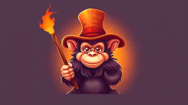 Cartoon monkey with a hat and a stick in his hand generative ai