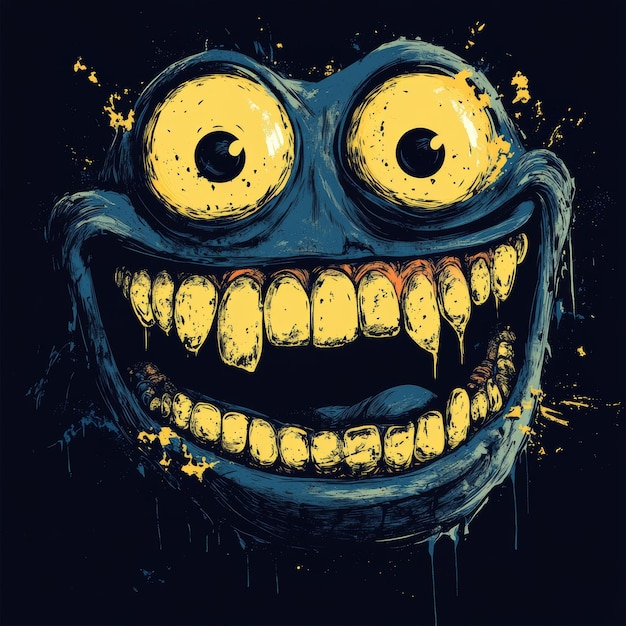 Cartoon Monster Face with Big Eyes and Sharp Teeth