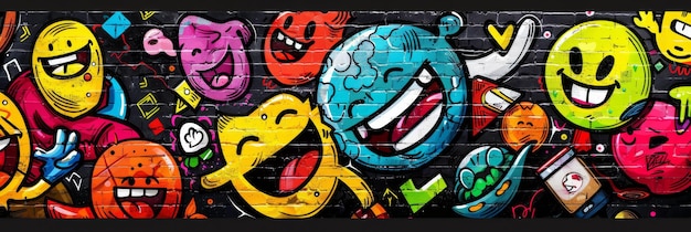 Cartoon monster faces with different emotions painted as graffiti Horizontal banner