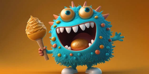 A cartoon monster holding a golden egg and a stick.