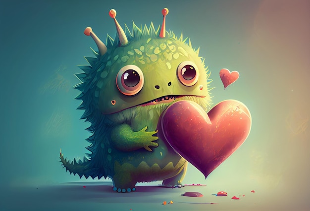 A cartoon monster holding a heart that says love on it.