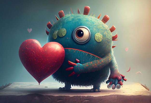 A cartoon monster holding a heart that says'love'on it