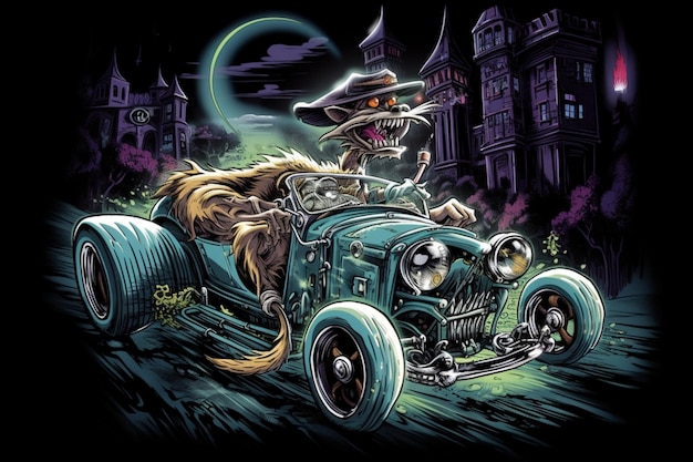 A cartoon of a monster riding a car with a castle in the background.