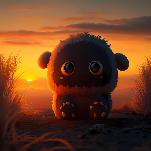 A cartoon of a monster sitting in a field with the sun setting behind it.