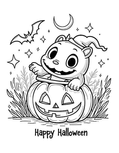 Photo a cartoon of a monster sitting on a pumpkin with the words happy halloween on it