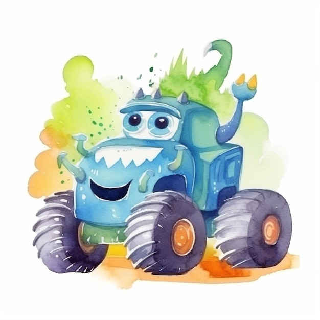 A cartoon monster truck with a big smile on the face.