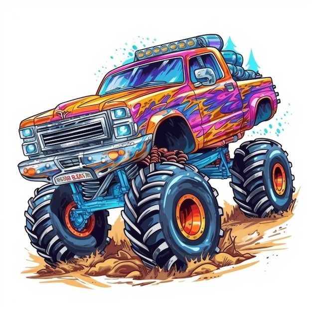 A cartoon monster truck with colorful paint splashs on it generative ai