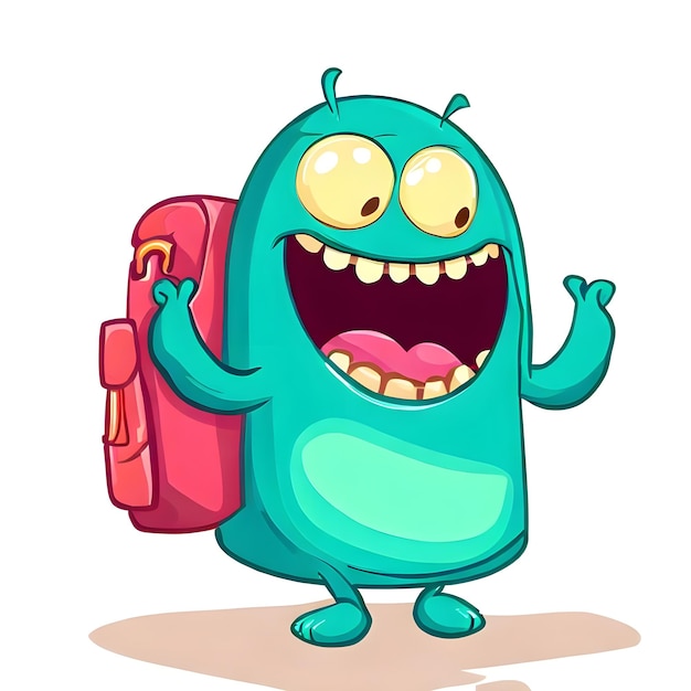 Cartoon monster wearing school bag happy face