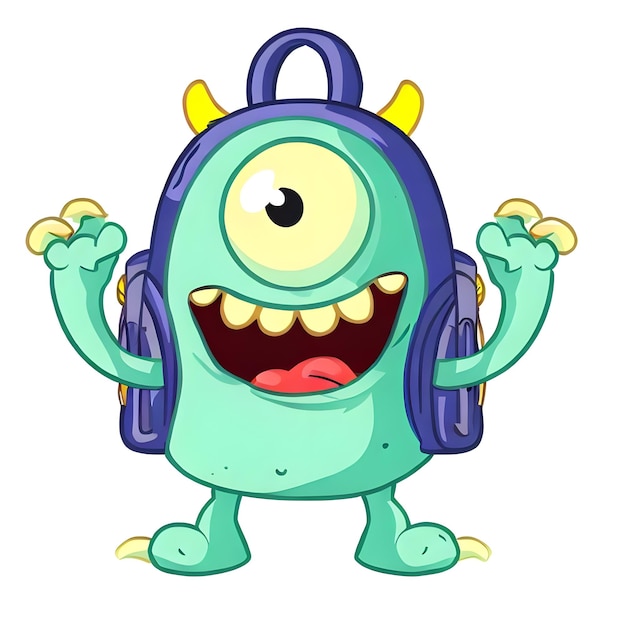 Cartoon monster wearing school bag happy face