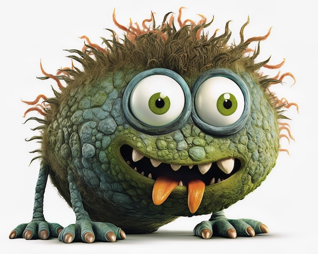 A cartoon monster with a green face and green eyes is shown