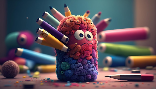 A cartoon monster with a pencil on its head