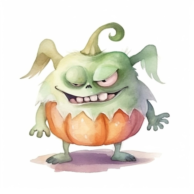 A cartoon monster with a pumpkin on his head.