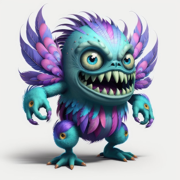 A cartoon of a monster with a purple and blue tail and a green tail with a large white eye.