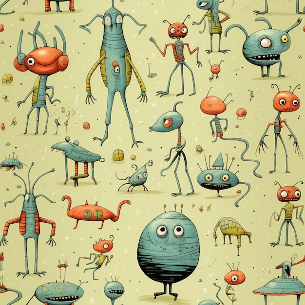 Cartoon monsters and aliens are all grouped together in a pattern generative ai