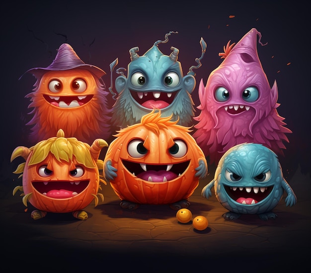 cartoon monsters with pumpkins and witches hats on a dark background generative ai