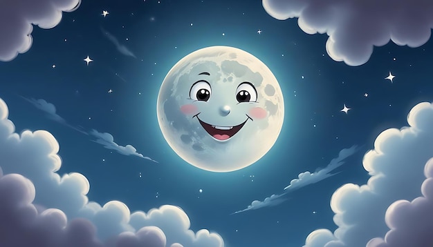 a cartoon moon with clouds and a smile on it