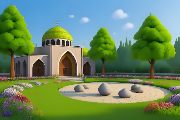 a cartoon of a mosque with a green dome and a stone bench