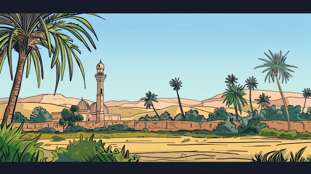 Photo a cartoon of a mosque with palm trees in the background