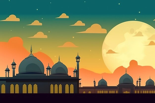 A cartoon of a mosque with a sunset background