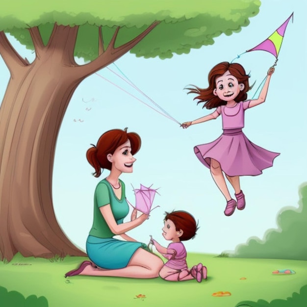 a cartoon of a mother and her child playing with a kite