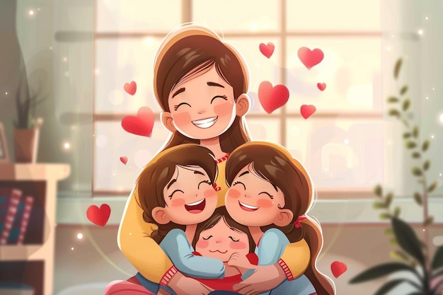 a cartoon of a mother hugging her children