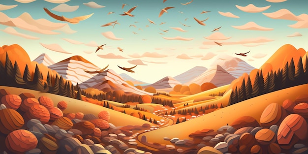 A cartoon of a mountain landscape with a mountain and a sky with clouds and birds flying overhead.