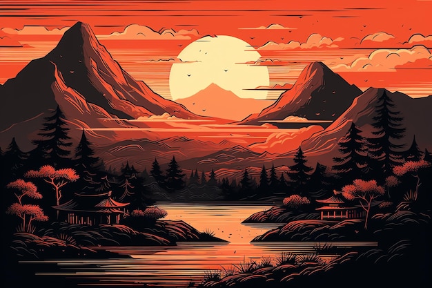 A cartoon of a mountain with a sunset in the background