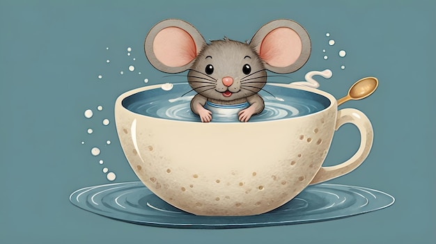 Photo a cartoon of a mouse in a cup of water