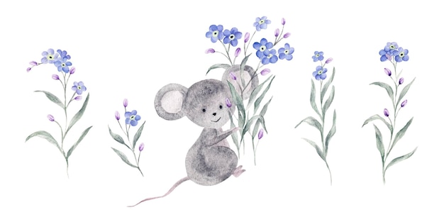 Cartoon mouse watercolor illustration with forget me not ute move Set of element on white background